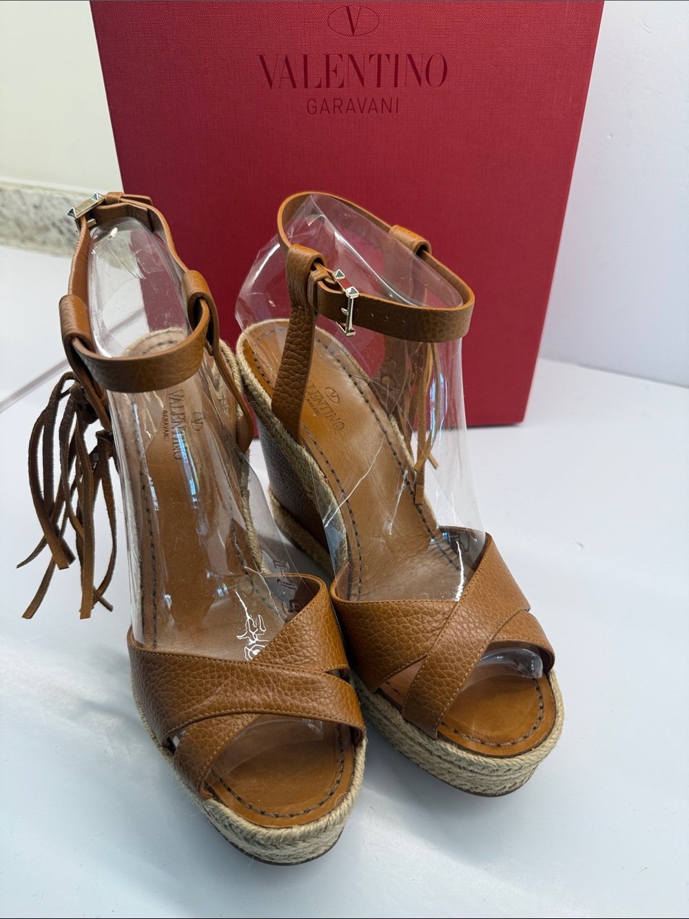Valentino Garavani Tan Leather Espadrille Wedge Sandals